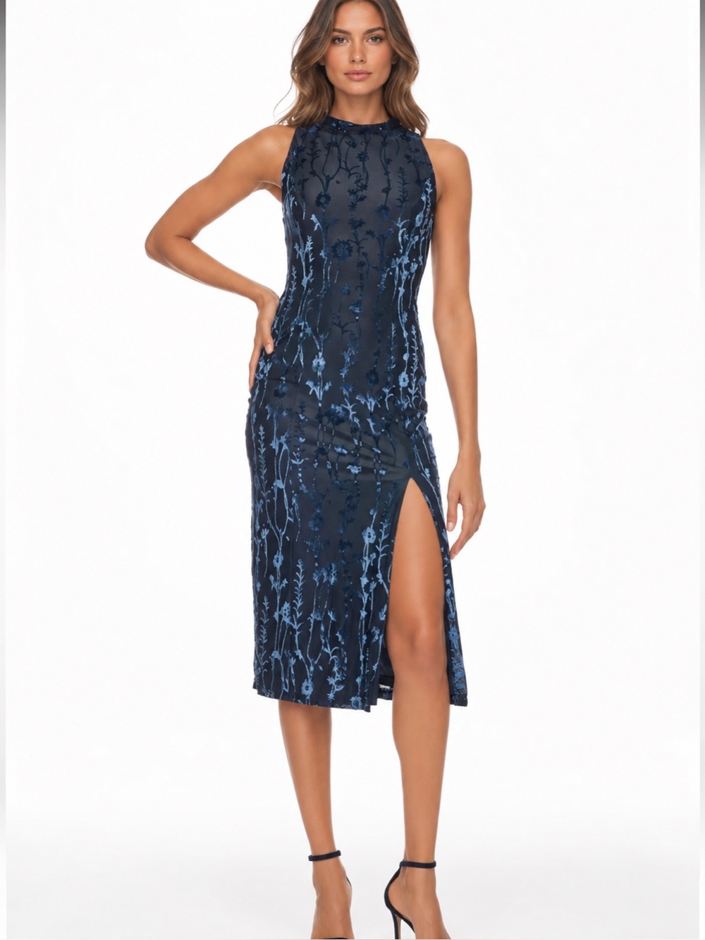Anthropologie Hutch Darby Velvet Burnout Midi Dress Floral Navy Sleeveless L